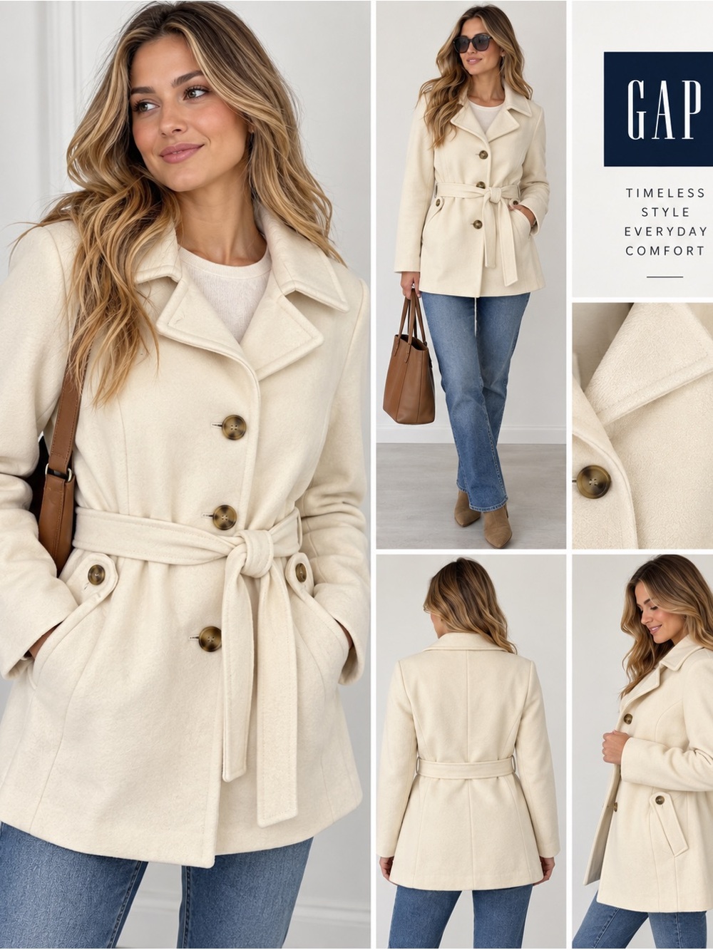 Gap Wool Blend Cream Belted Peacoat Jacket XXL